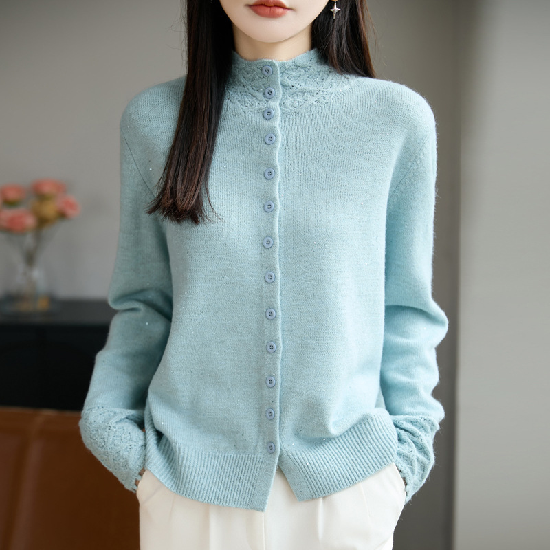Luxurious crochet sequin multi-button solid color semi-high collar cardigan for women, elegant and flattering, loose-fitting knitted outerwear Luxurious crochet sequin multi-button solid color semi-high collar cardigan for women, elegant and flattering, loose-fitting knitted outerwear