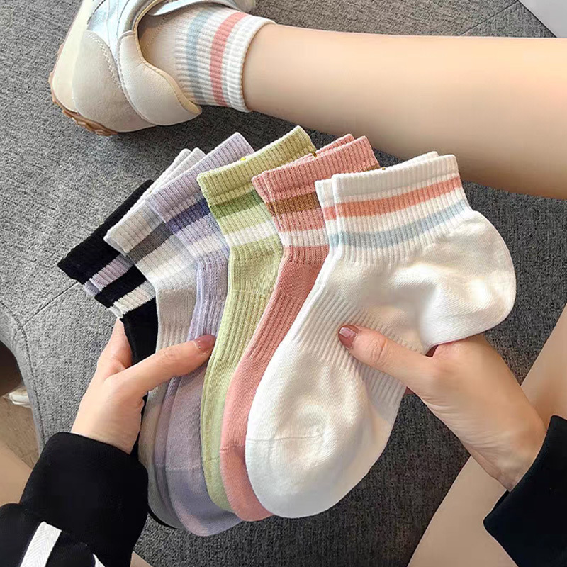 Socks Women's Spring New Short Socks Colorful Striped Two-Bar Sports Socks Breathable Sweat-Absorbing Cotton Socks Mid-Cylinder All-Match Zhuji Socks Women's Spring New Short Socks Colorful Striped Two-Bar Sports Socks Breathable Sweat-Absorbing Cotton Socks Mid-Cylinder All-Match Zhuji