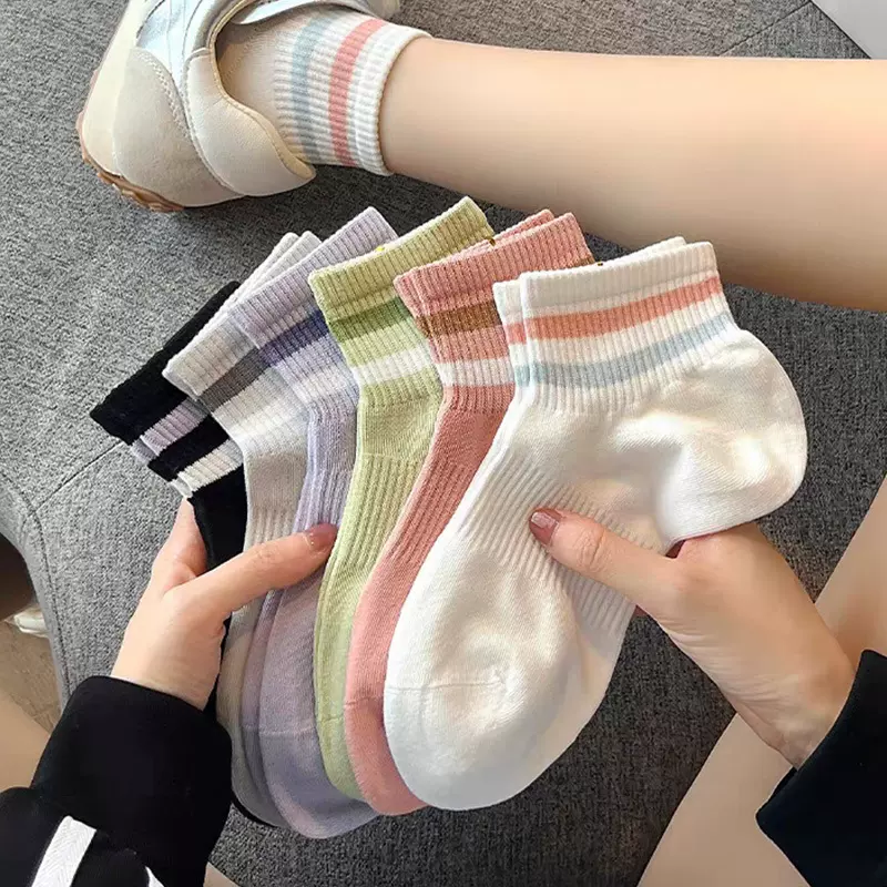 袜子女春季新款短袜彩色条纹二杠运动袜透气吸汗棉袜中筒百搭诸暨