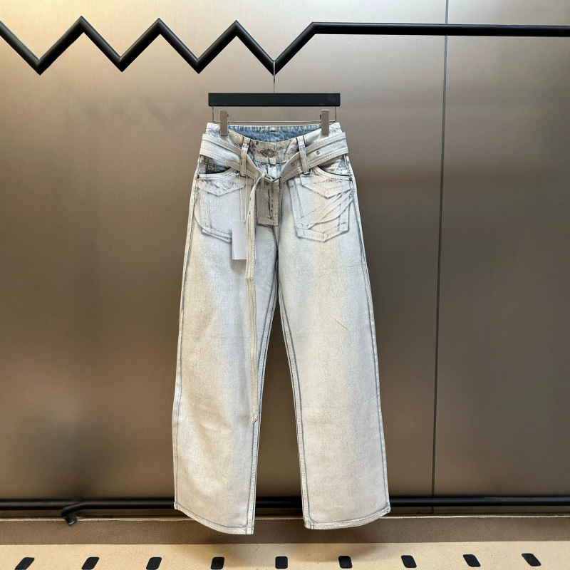 Original Version in Stock with Original Label as Brand 26 Metal Buckle Belt 3D Denim Straight Casual Long Pants Women's Loose Versatile Pants Original Version in Stock with Original Label as Brand 26 Metal Buckle Belt 3D Denim Straight Casual Long Pants Women's Loose Versatile Pants