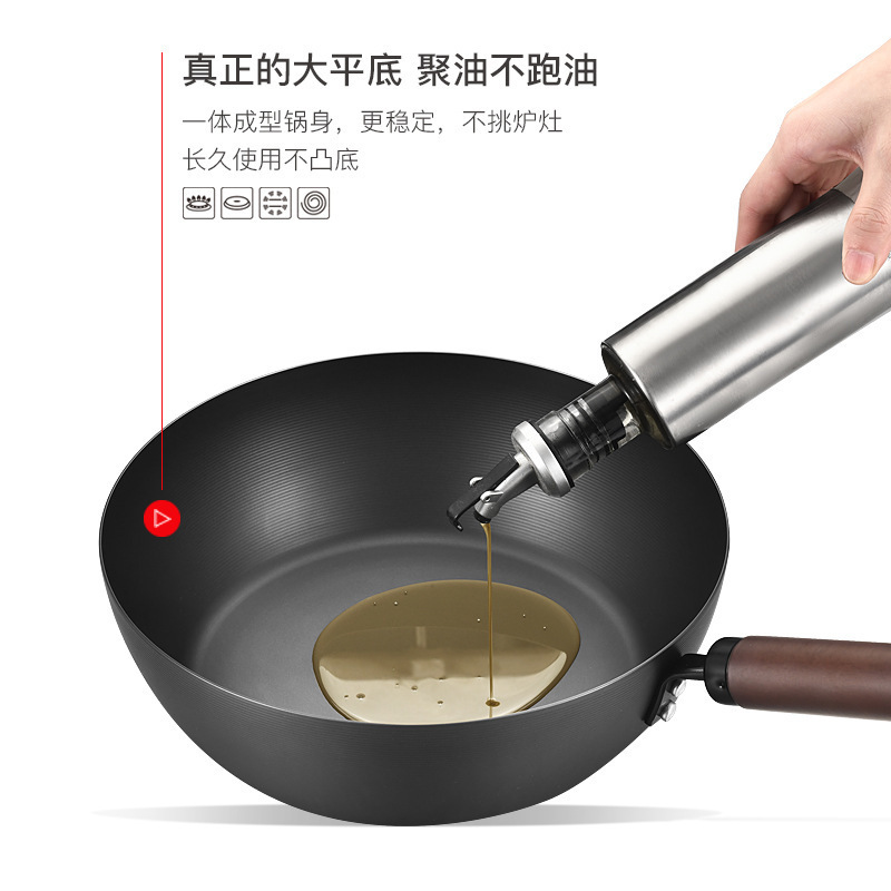 跨境批发煎锅单底加厚精铁锅中式氮化平底无油烟不粘无涂层深煎锅|undefined