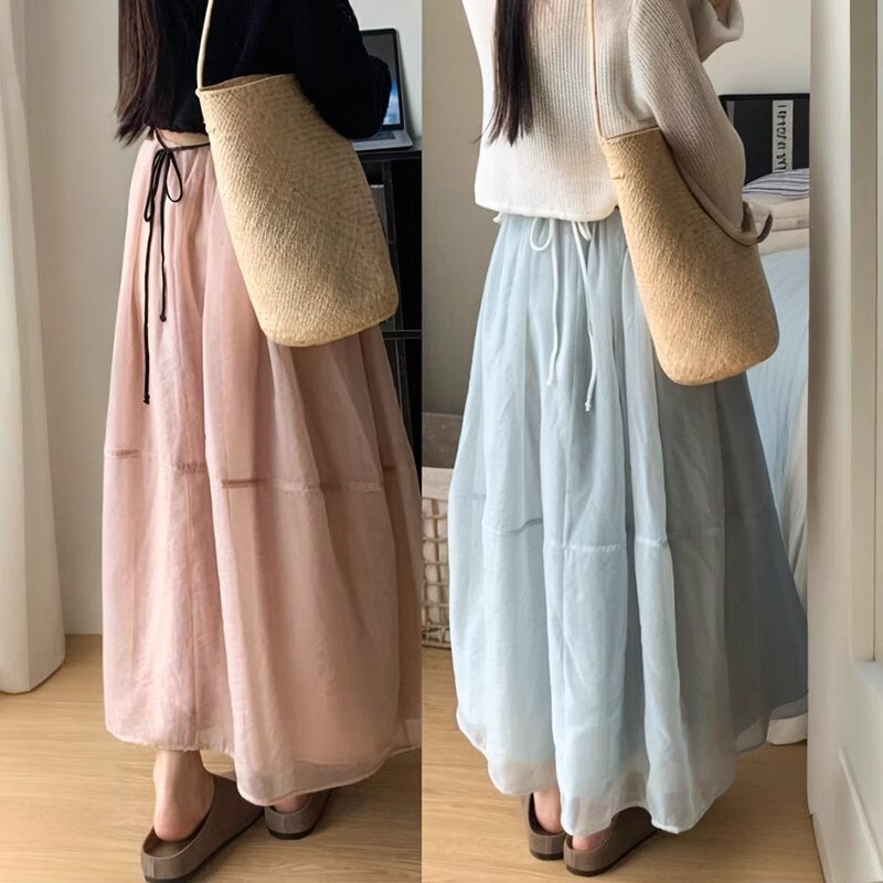 Mesh Patchwork Skirt for Women, Summer Thin Style, 2026 New Model, High-Waisted, Hip-Covering, Slimming Long A-Line Puffy Skirt