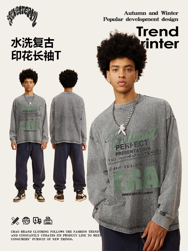 2025 primavera marca de moda americana hace la vieja lavado alta sensación pequeña letra de cuello impresión suelta camiseta de manga larga de moda masculina