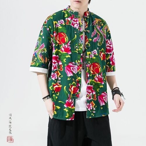 Northeast floral shirt with Chinese style Tangzhuang for men, summer large size, large flowers, short sleeve, best man's suit, national trend ethnic style