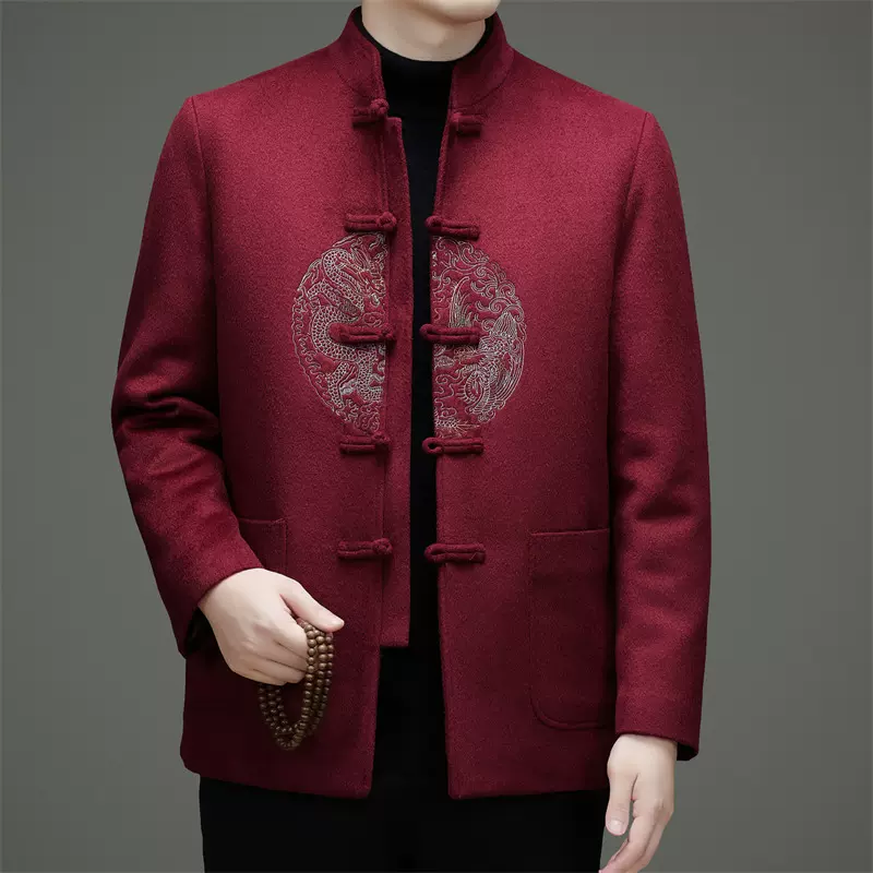 品牌鹅绒内胆高端老人唐装外套男士保暖爸爸冬装中国风羊毛呢大衣