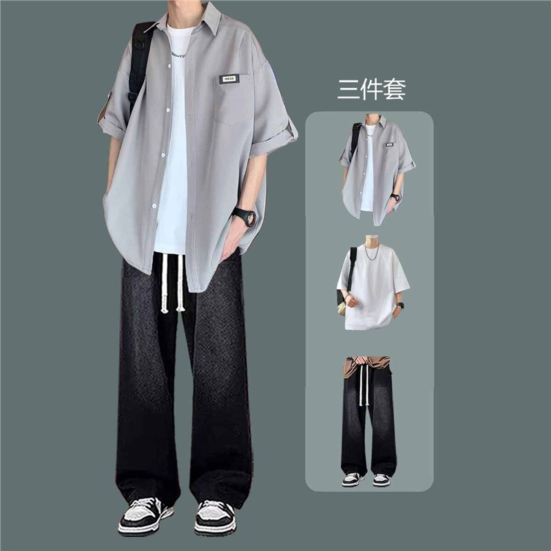 Gray shirt + short t white + jeans black 3-piece set