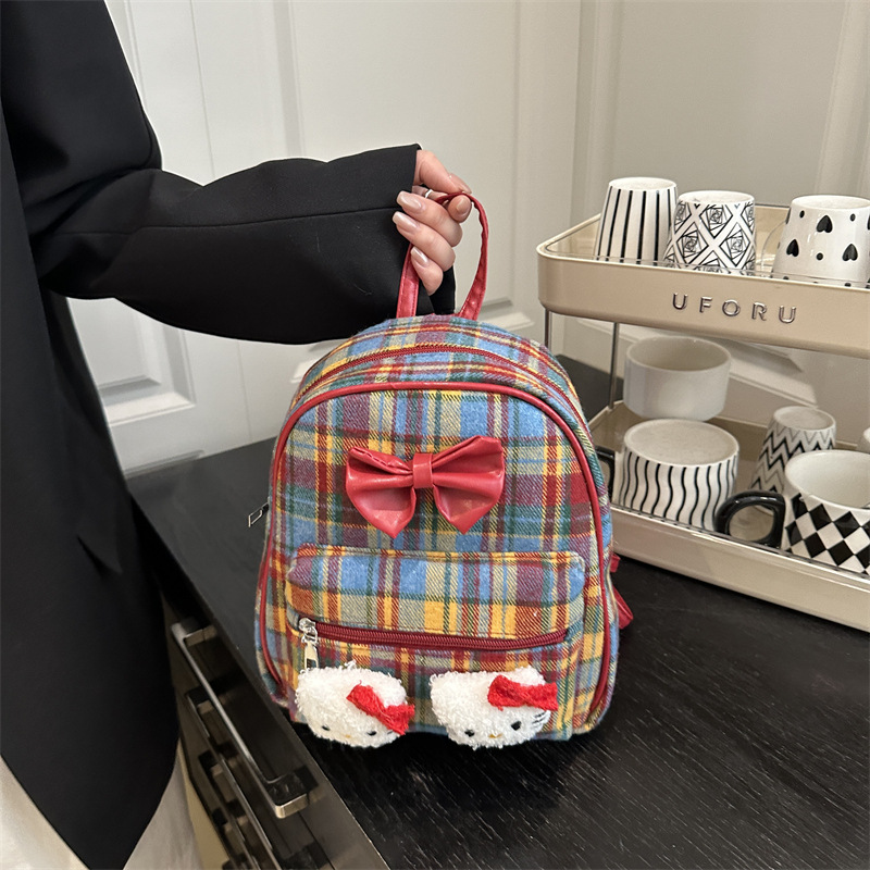 Cute Bow Retro Backpack Female College Style Student Versatile Girl Exquisite Red Plaid Backpack