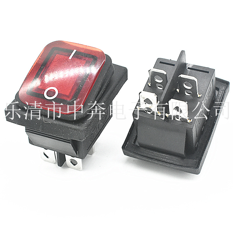 4脚防水 船型开关 KCD4 连体防水开关 4脚2档透明红 带灯翘板开关