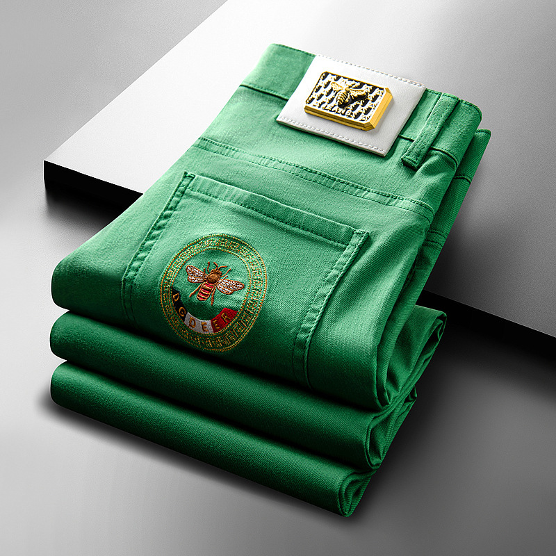 High-End Colorful Jeans Men's Tencel Cotton Summer Thin Fashion Embroidered Stretch Casual Men's Pants Straight Pants