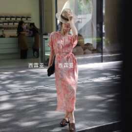 金辉夏季新款高奢时尚真丝双绉印花咖色波点连肩袖腰带连衣裙