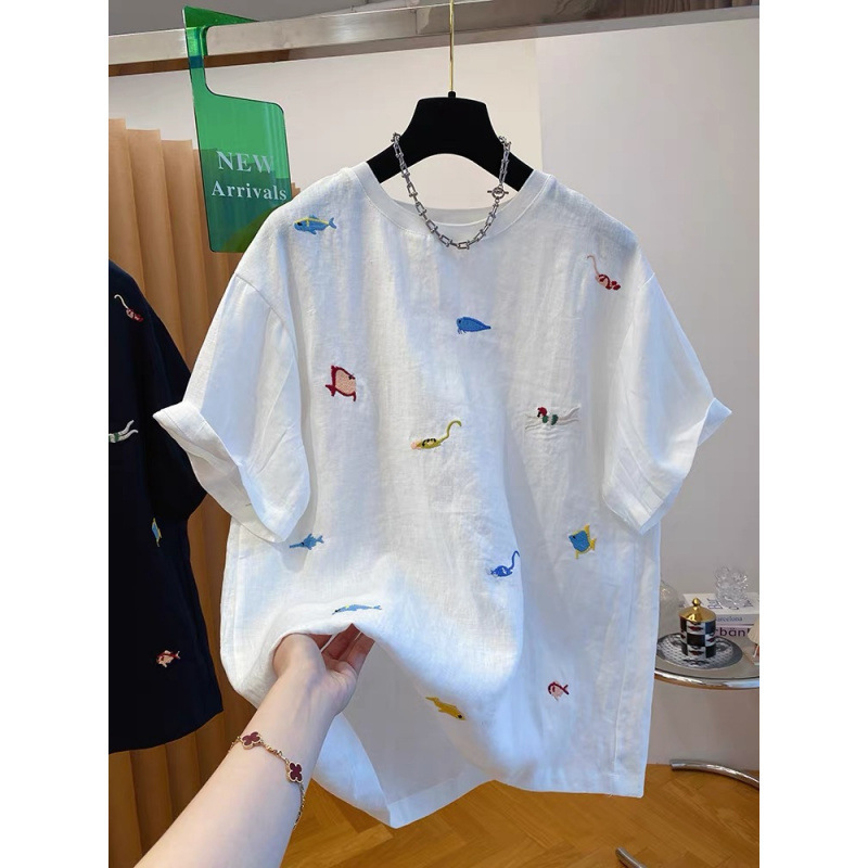 [Fat Sister] Summer New American Style Retro Embroidered Short-sleeved T-shirt Women's Loose plus size Chic All-match Top