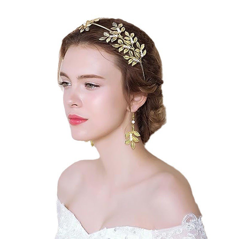 Cross border European and American Bride Leaf Hair Hoops Baroque Gold Leaf Headwear Bracelets Earrings Arm Rings Earrings Wedding