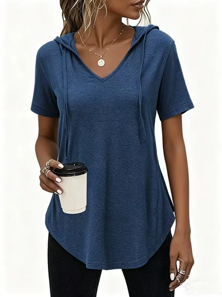 2026 Spring and Summer Cross-Border European and American Women's Clothing New Foreign Trade Fashion Casual V-Neck Hooded Women's Tops T-Shirts