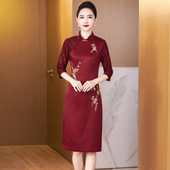 红色旗袍妈妈装婚宴长款复古气质长袖婆婆礼服女参加儿女订婚宴秋