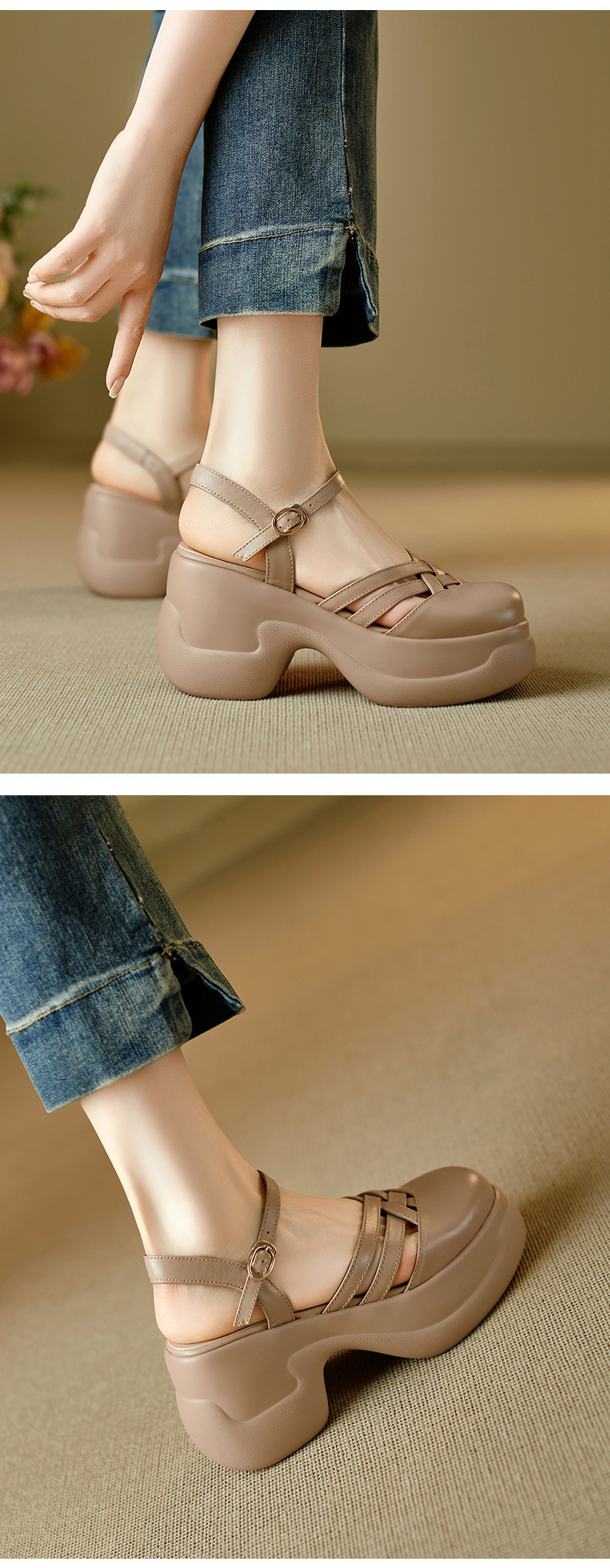 Sandal nữ quai chữ V đế bánh xốp dày dệt lồng phong cách La Mã — màu trắng ngà chi tiết 4