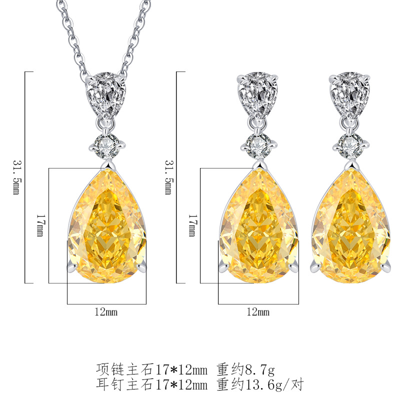 Zhuang Shengsheng Jewelry S925 todo el cuerpo plata con alto contenido de carbono diamante atardecer amarillo pendiente de gota de agua de alta calidad pendiente mujer 12*18