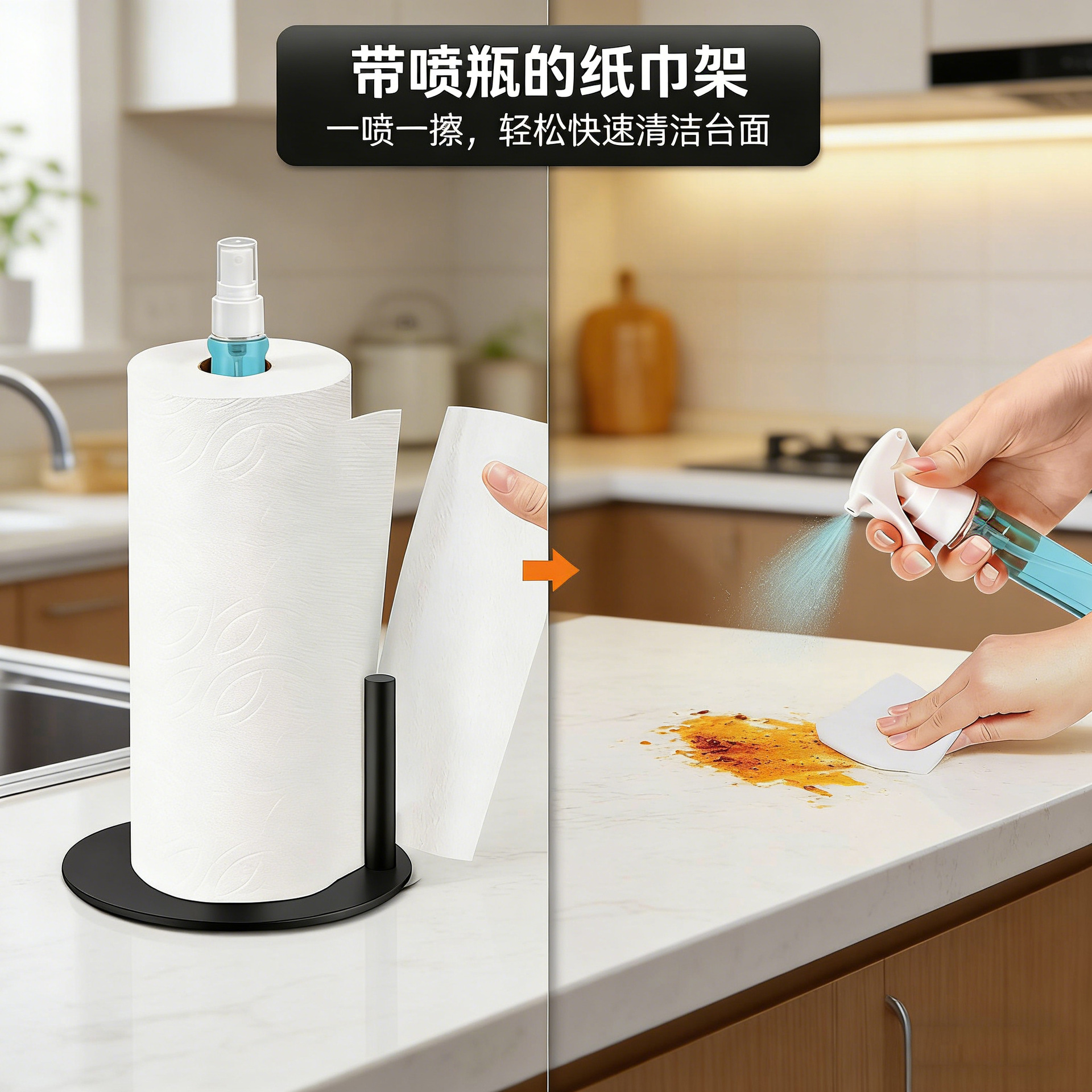 跨境台面立式纸巾架带喷雾瓶厨房纸巾收纳架卷纸架保鲜膜架不锈钢