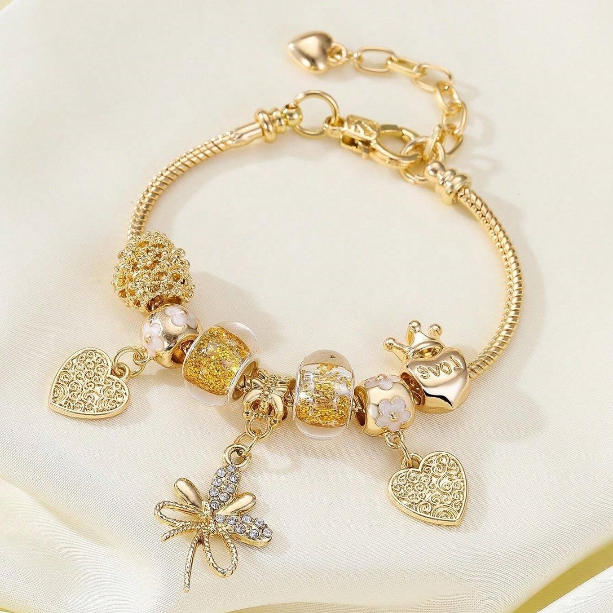 Brazalete Panjia, brazalete de cuentas DIY transfronterizo, arco de diamante de oro, joyería de moda de la corona de amor