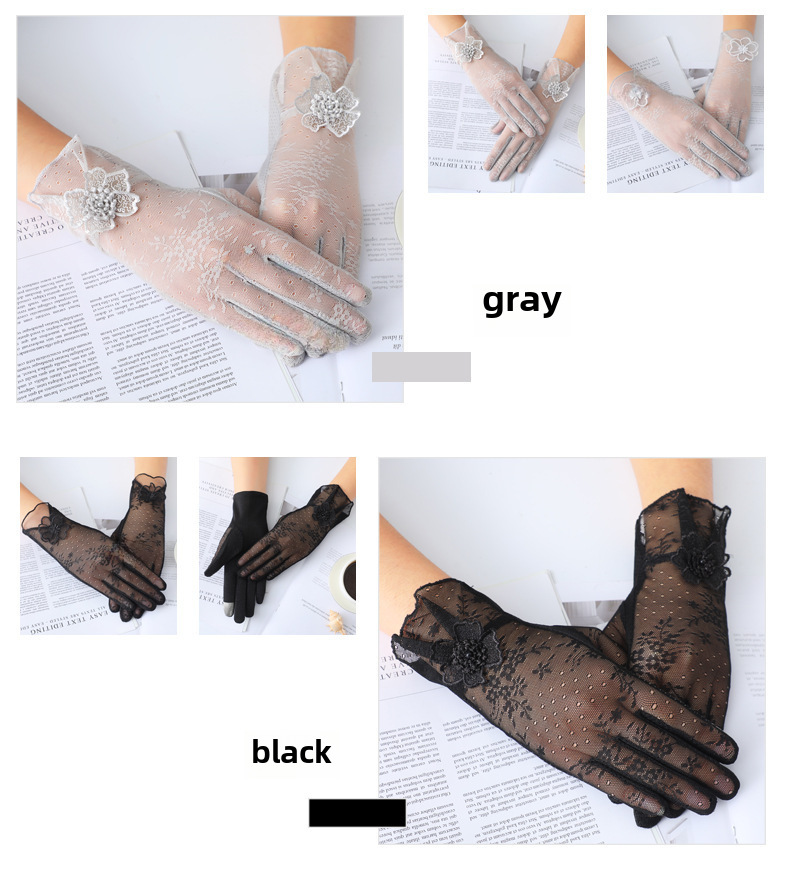 Summer thin ice silk gloves women's short thin outdoor cycling driving lace breathable touch screen sun protection gloves wholesale_voghion.com