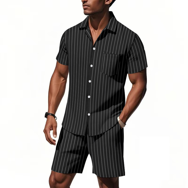 Traje de lino de verano de Amazon transfronterizo Camisa de manga corta suelta jacquard a rayas para hombre Pantalones cortos de playa de dos piezas
