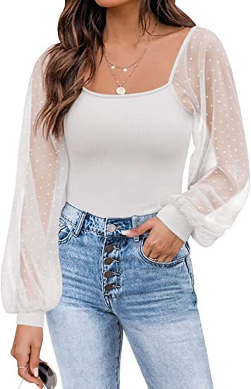 Top de Verano 2025 para Mujer, Estilo Europeo y Americano, Transparente, con Mangas Farol, Diseño de Parches, Ajustado