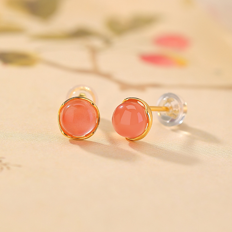 Bông tai bạc S925 mạ vàng đính mã não đỏ nữ kiểu mới hình tròn tối giản — Một đôi
