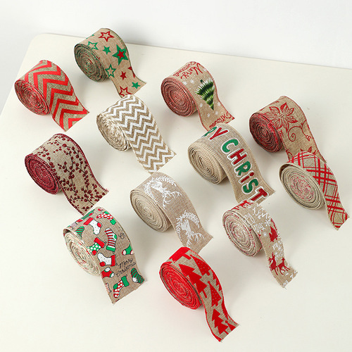 Cross-border hot selling imitation linen Christmas ribbon decoration red khaki bow snowflake ribbon Christmas decorations
