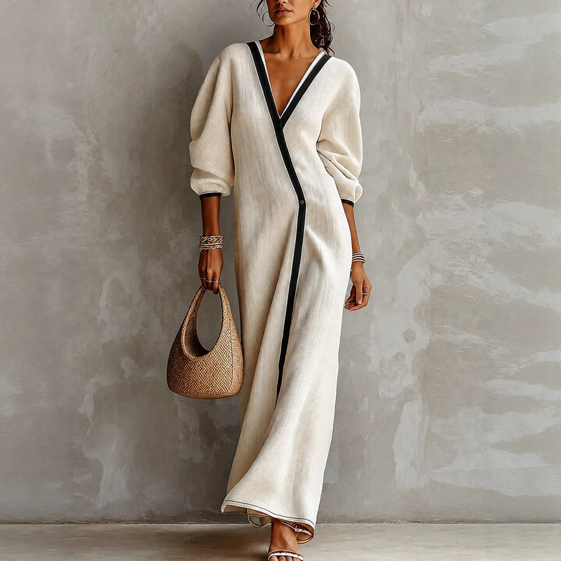 2026 cross-border women's V-neck long-sleeve knitted dress, loose and casual long cardigan dress, European and American style, autumn and winter 2026 cross-border women's V-neck long-sleeve knitted dress, loose and casual long cardigan dress, European and American style, autumn and winter
