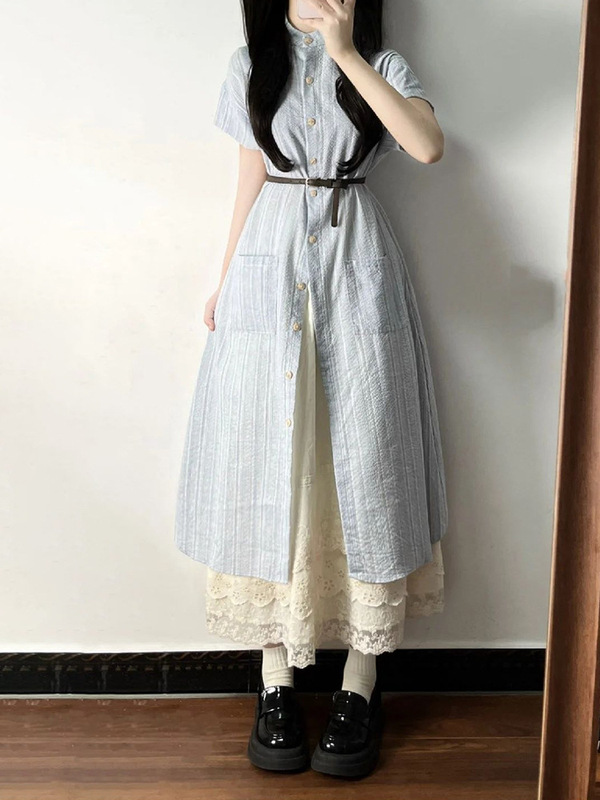 法式学院风蓝色条纹衬衫连衣裙子女夏季2025新小个子气质长裙|undefined