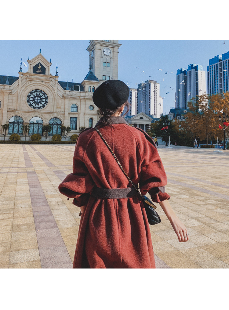 Women's Long Woolen Coat Brick Red Hepburn Style Winter Overcoat_voghion.com