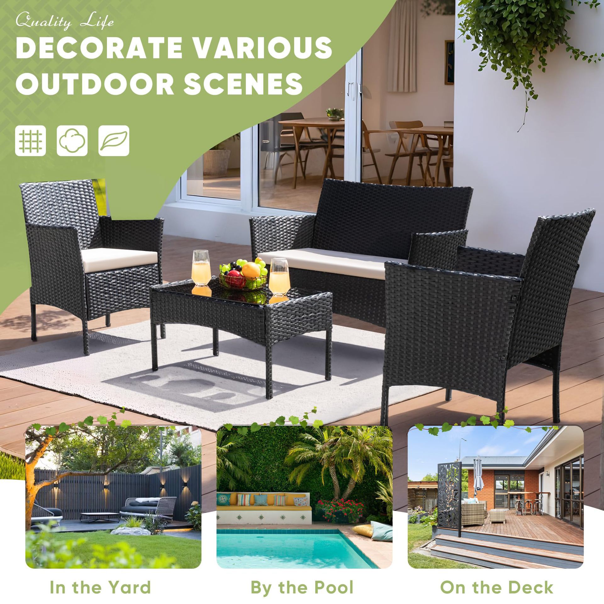 Mesa y silla de caña trenzada de balcón de la villa, conjunto de cuatro piezas, patio exterior, mesa de té trenzada de caña trenzada