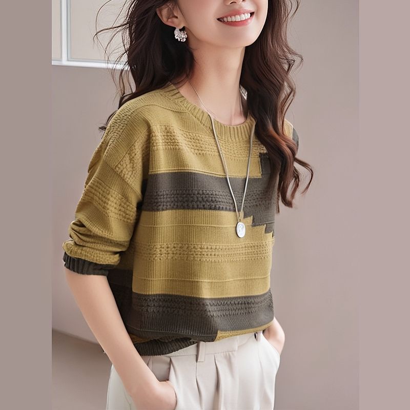 Camiseta de punto de fondo de color de contraste, suéter de moda de lana suelta, primavera y otoño de 2025, nuevo estilo