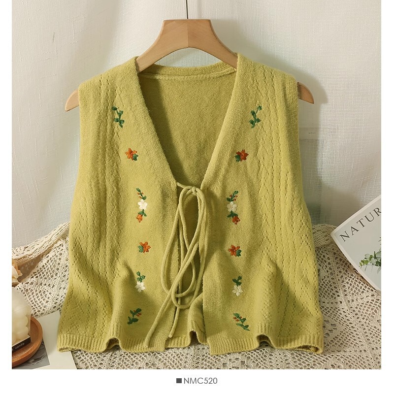 Fresh and simple embroidered lace-up knitted vest, autumn and winter design for petite individuals, niche outerwear layering top