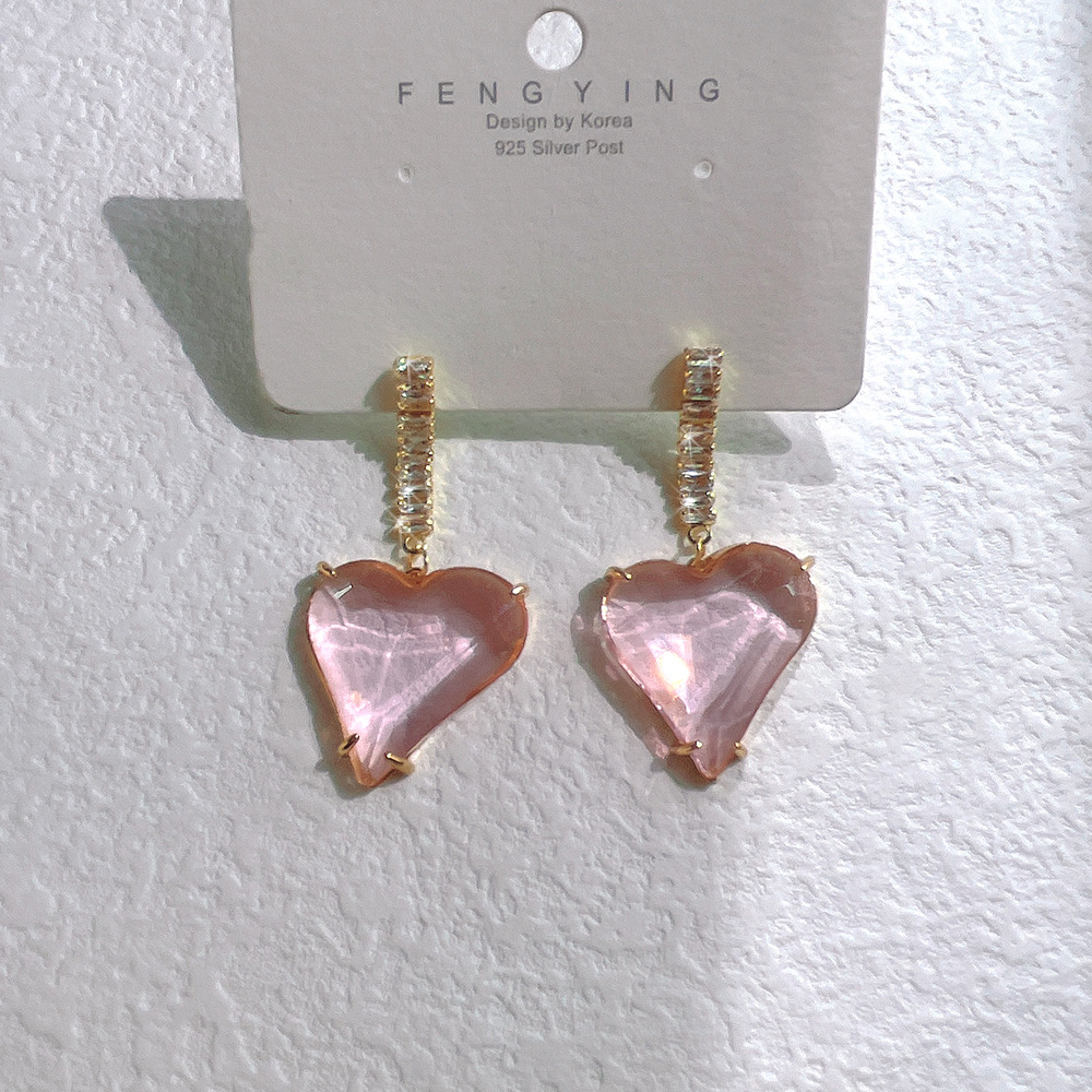 Sweet Heart Shape Copper Inlay Zircon Drop Earrings 1 Pair