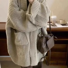慵懒风麻花毛衣外套开衫女中长款秋冬新款加厚宽松洋气针织衫外搭