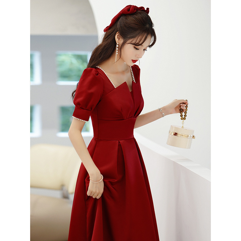 Toast Dress Bride 2025 New Long Square Collar Wedding Engagement Home Dress Can Be Worn at Ordinary Times Satin Dress