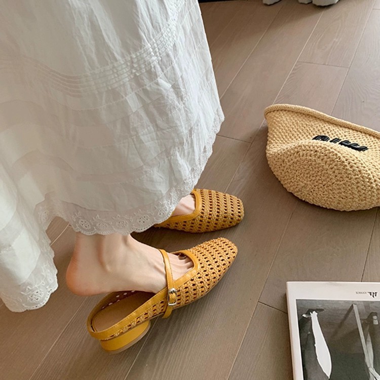sheepskin version! Vintage Woven Baotou Half Slippers Women's 2025 Summer Square Toe Slippers with Thick Heel Muller Sandals sheepskin version! Vintage Woven Baotou Half Slippers Women's 2025 Summer Square Toe Slippers with Thick Heel Muller Sandals