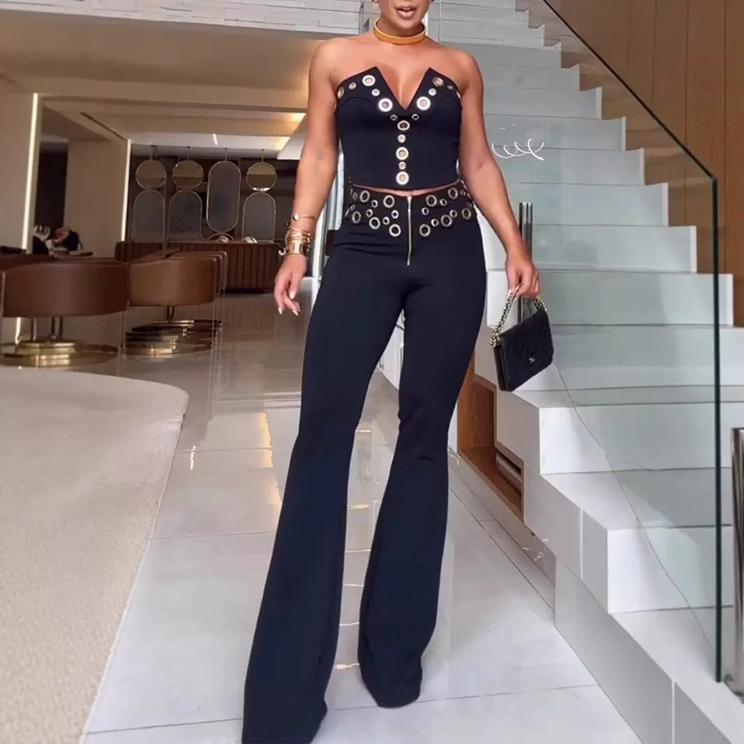 跨境速卖通欧美时尚女装性感抹胸鸡眼金属扣长裤套装