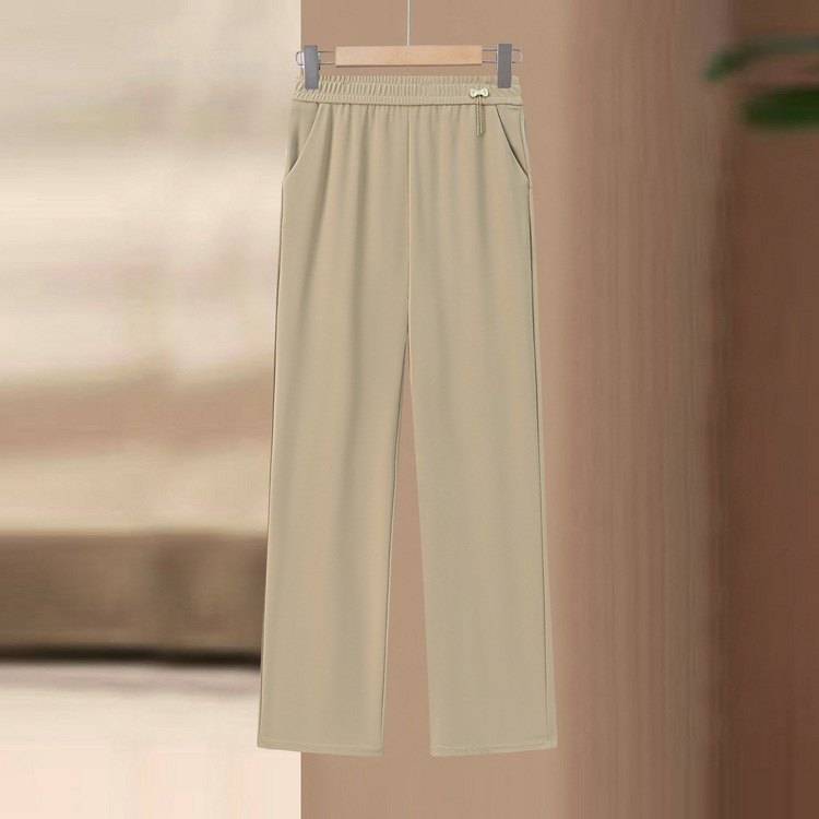 Summer Middle-Aged Women's Casual Cropped Pants, Mom Style Solid Color Elastic Waist High-Waisted Casual Solid Color Wide-Leg Pants