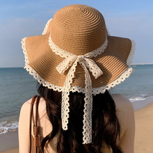 夏季草帽女 新款波浪蕾丝遮阳帽海边度假旅游遮脸太阳帽现货批发