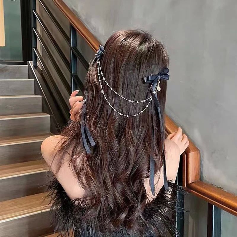 Elegant Chain Solid Color Bow Hairp for Girl Black Hair CLIP