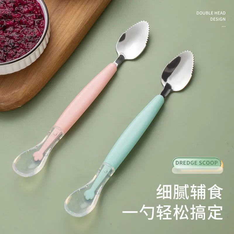 304 Stainless Steel Double-Headed Mud Scraper Spoon, Fruit Puree Spoon, Kidsren's Tableware Dual-Purpose Soft Spoon, 304 Stainless Steel Baby Mud Scraper Spoon