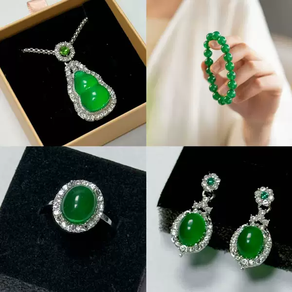 Inlaid Three-Piece Set of Imitation Brazilian Imperial Green Chalcedony Necklaces, Men's and Women's Bracelets, Four-Piece Set of Live-Streamed Jewelry