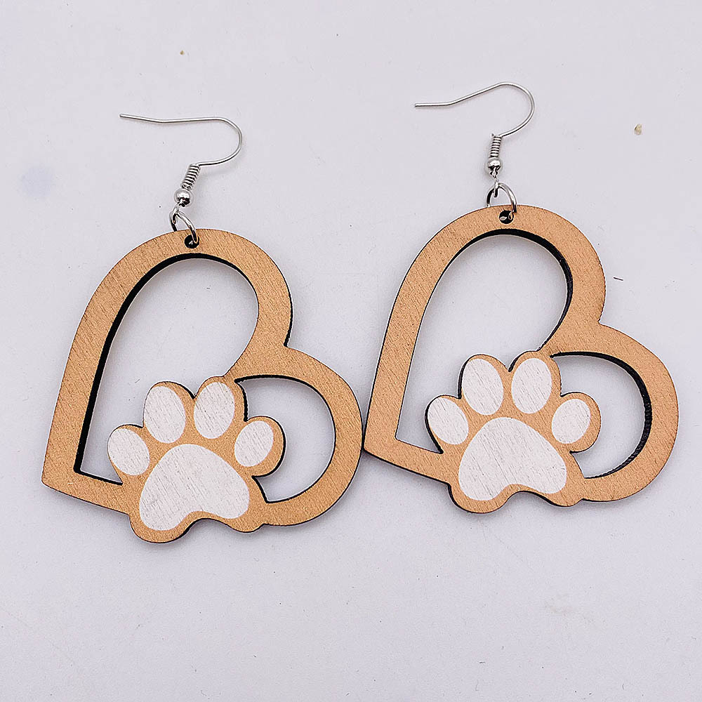 1 Pair Cute Paw Print Heart Shape Wood Mother's Day Women's Drop Earrings display picture 4