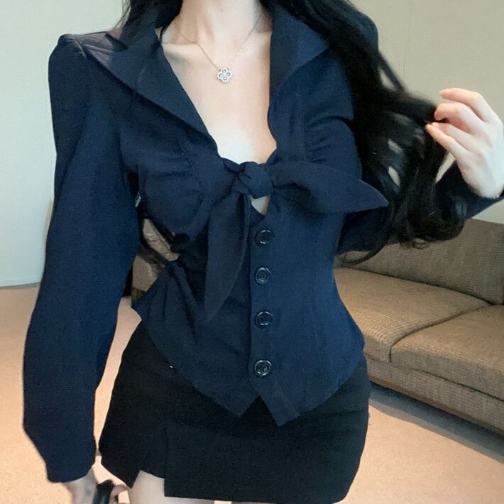 French Bow Tie Design Lapel Low-Cut Long-Sleeved Shirt for Women Early Autumn New Waist Slimming Short Top French Bow Tie Design Lapel Low-Cut Long-Sleeved Shirt for Women Early Autumn New Waist Slimming Short Top