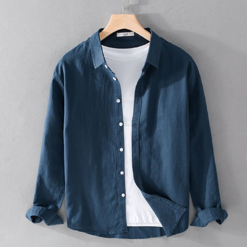 Camisa de lino blanco para hombre de manga larga casual solapa suelta joven japonés transpirable algodón lino camisa en pulgadas de moda masculina