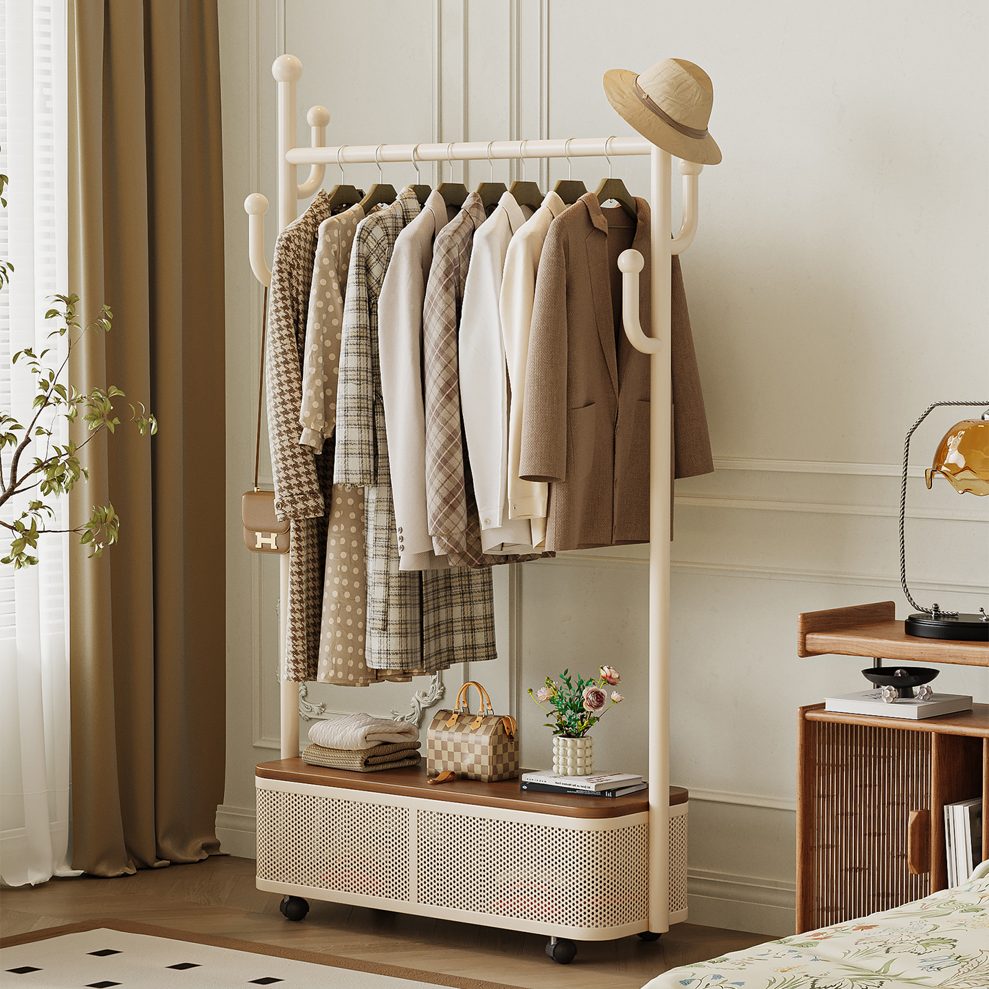 Household Simple Coat Rack, Practical Clothes Hanger, Mobile Storage, Solid Wood Walnut Color Cactus Clothes Hanger, Dropshipping