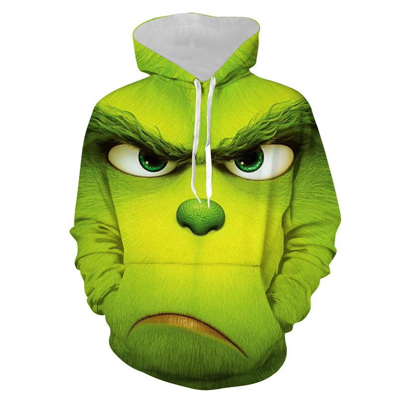 2024 Christmas green fur strange Grinch 3D digital printing hooded pullover suit two-piece sweater