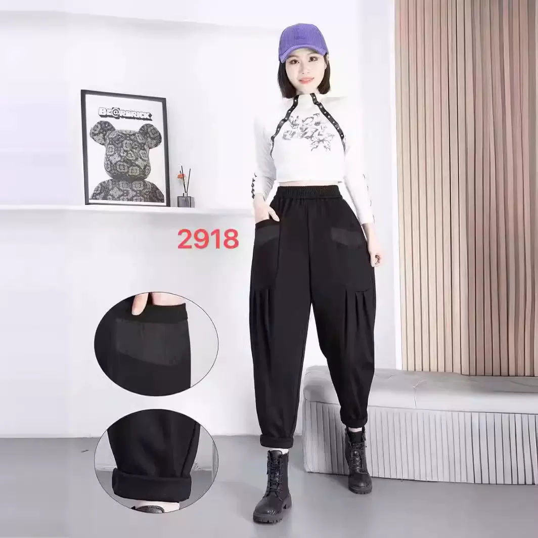 秋款休闲女裤时尚宽松加绒加厚哈伦裤拼接束脚洋气潮流妈妈装裤子