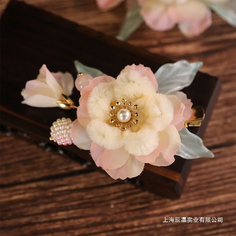 歩くヘアアクセサリー、桃の花のヘアピン、古代風の頭飾り、模造アクセサリー、サイドクリップ、ピンクの妖精風古代衣装、漢服のベルベットの花の毛玉|undefined